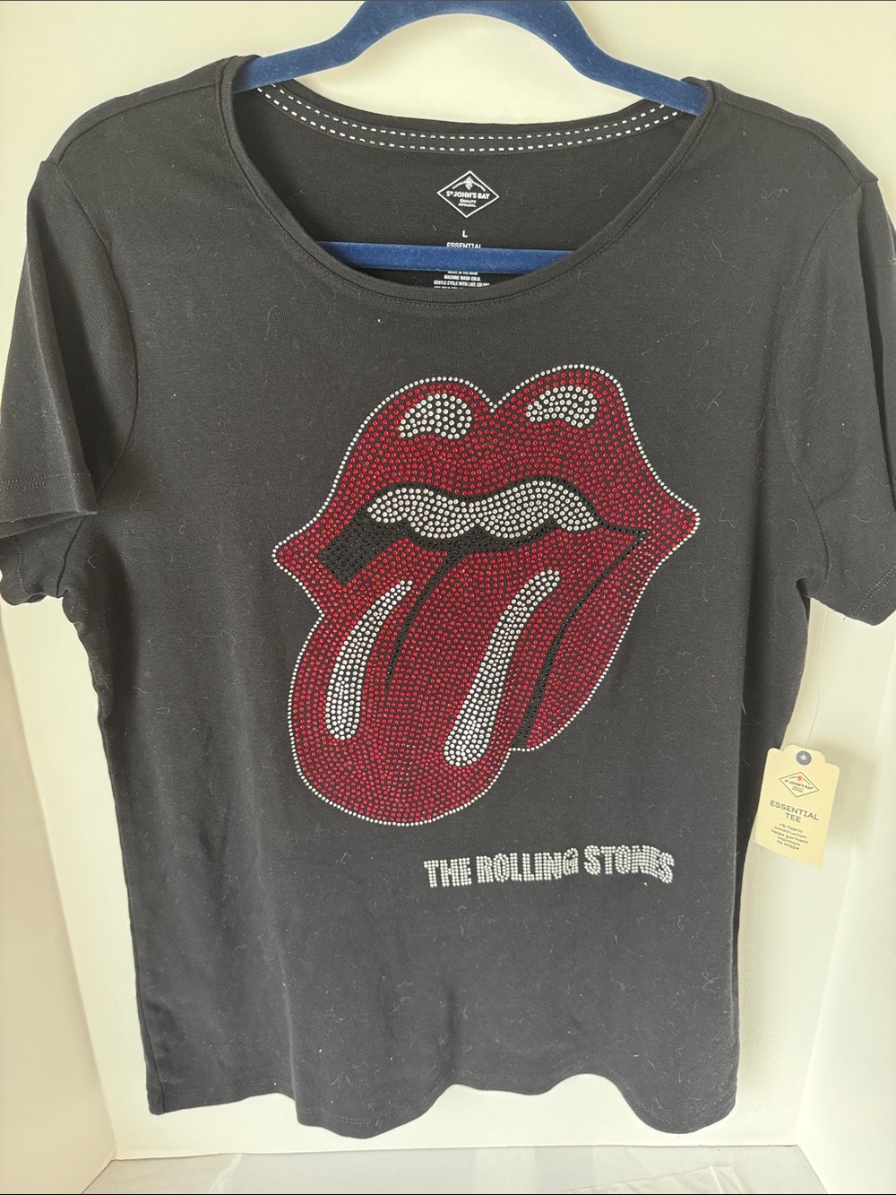 The Rolling Stones Black Tee with Red & White Rhinestone Tongue